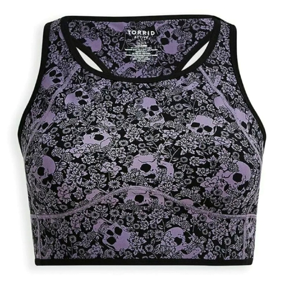 Racerback Torrid Black Purple Skull Floral Wicking Active Bra - Picture 12 of 14